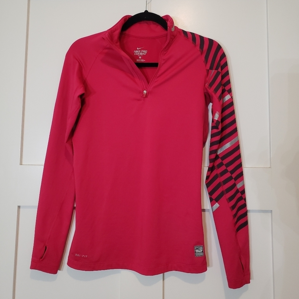 Nike Pro Combat Compression Dri Fit 1/4 zip Jacket Thumbholes Hot Pink S…
